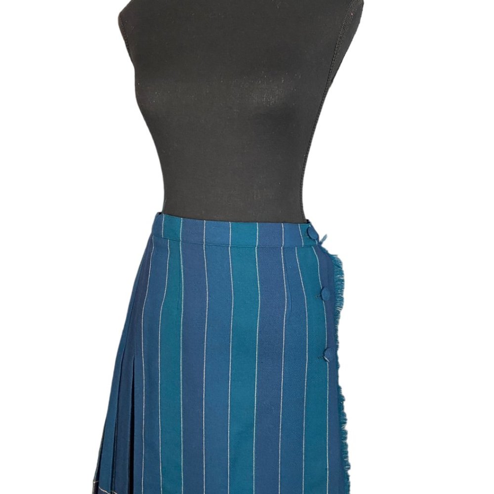 Vintage Blue Teal Striped Pleated A-Line Skirt - Picture 6 of 10